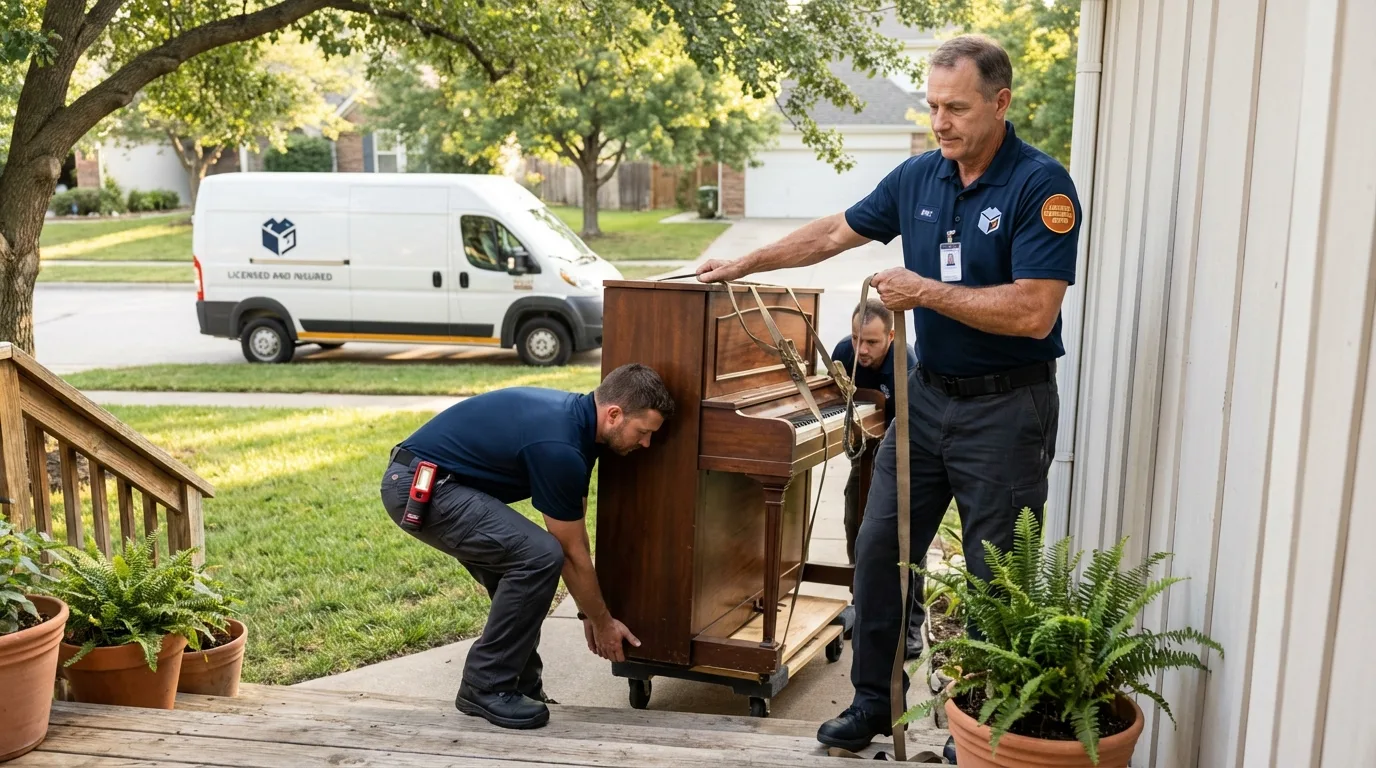 Licensed piano movers securing grand piano in North Smithfield, RI