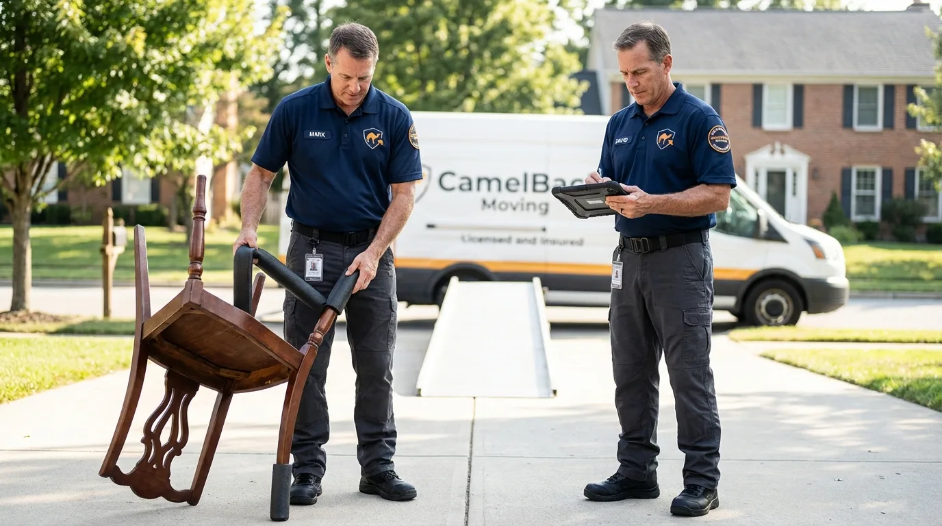 Movers inspecting furniture for damage prevention before loading in North Smithfield, RI