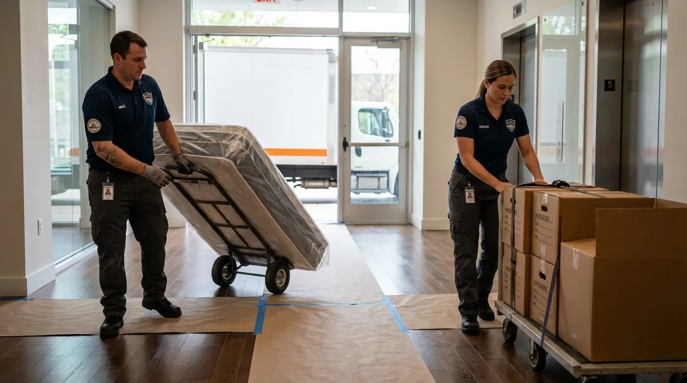 Professional apartment movers loading elevator in North Smithfield, RI