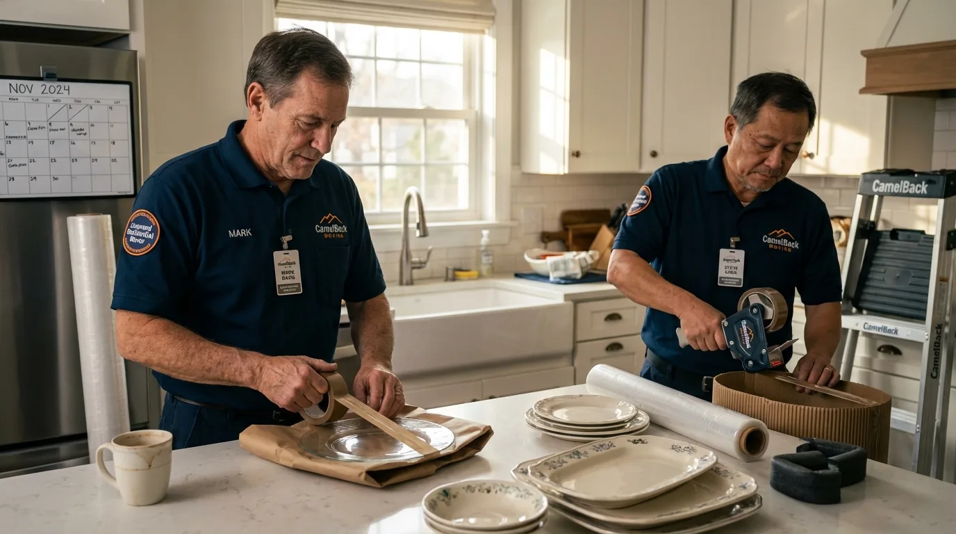 Professional crew packing kitchen dishware in North Smithfield, RI